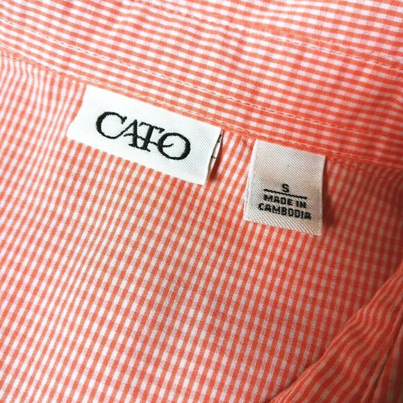 Cato Orange Checked Blouse 🧡🤍 Button Down Shacket Small 3/4 Sleeve Lightweight - Picture 5 of 15